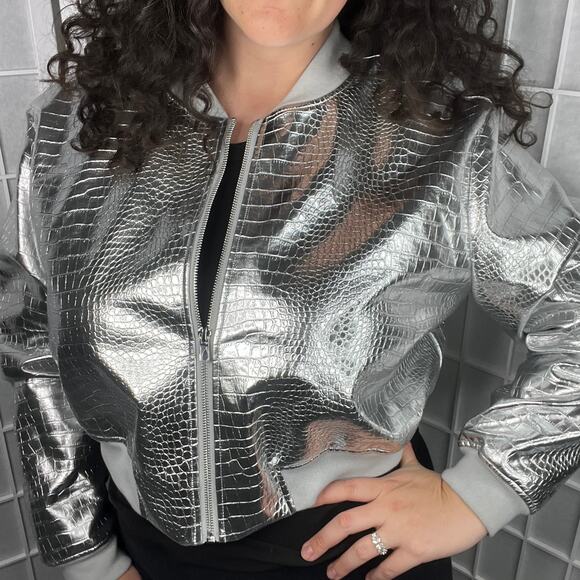 Eloquii Silver Faux Leather Croc Snake Zip Jacket Party Festival Cropped Bomber - Picture 1 of 12